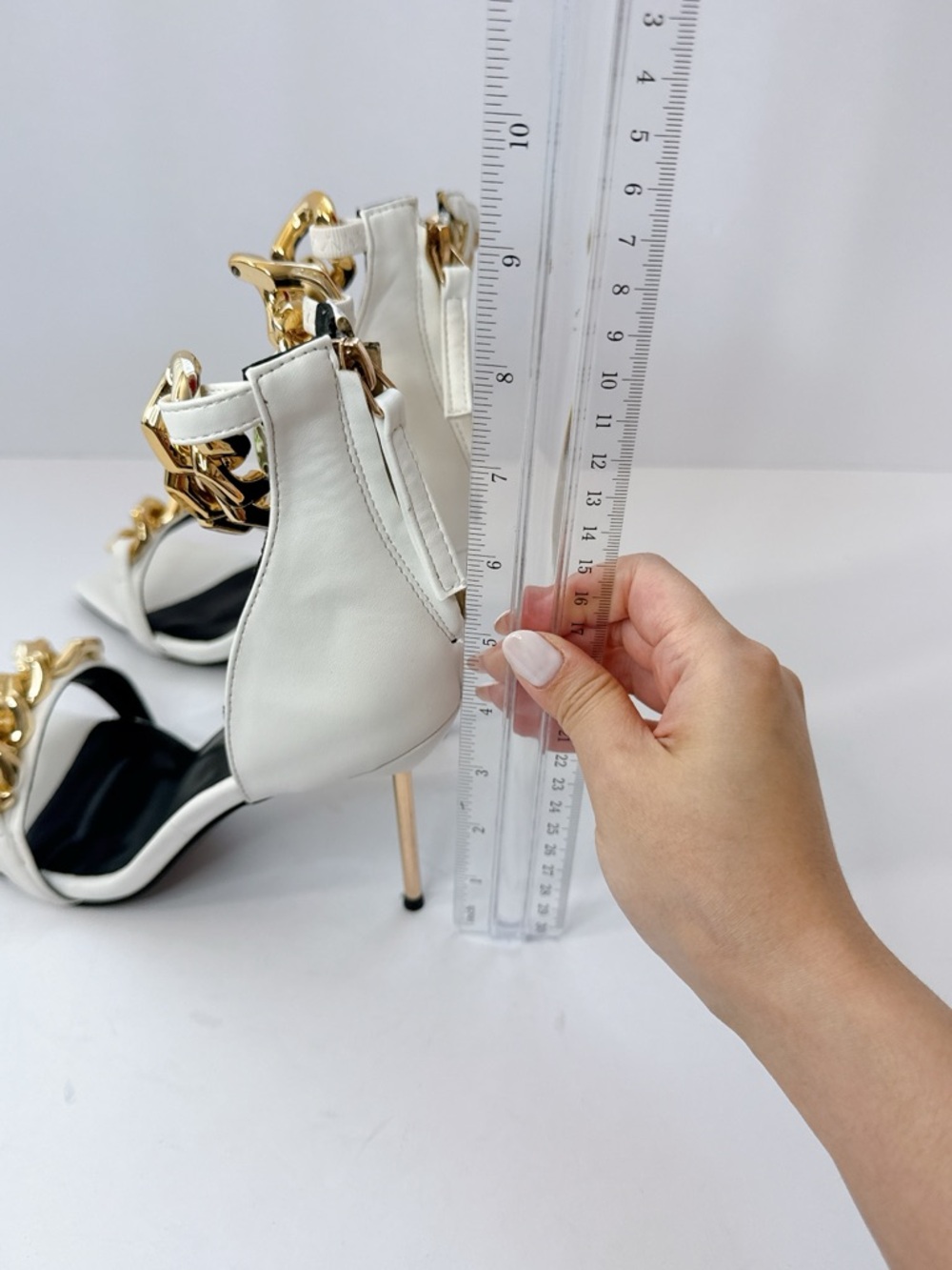 Size 7 White Gold Chain Stiletto Heels Women’s Square Toe Ankle Strap Pumps - Picture 8 of 11